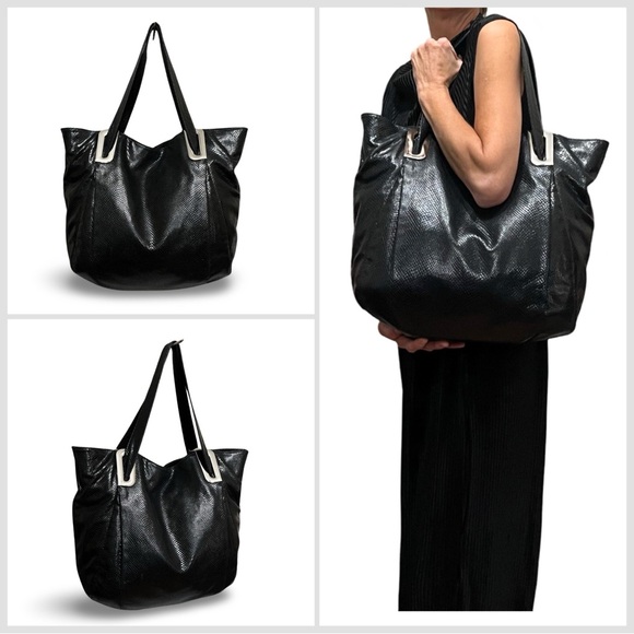 Kooba Black Snake Embossed Leather Oversized Tote Shoulder Bag - Picture 2 of 10
